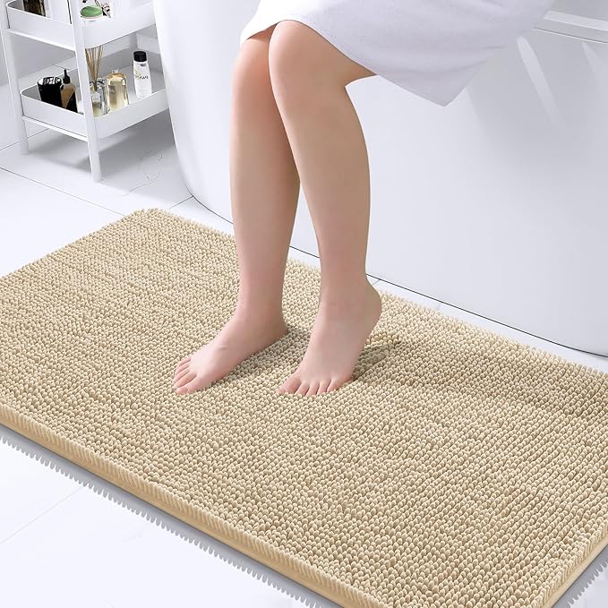 OLANLY Bathroom Rugs 40x24, Extra Soft Absorbent Chenille Bath Rugs, Rubber Backing Quick Dry, Machine Washable Bath Mats for Bathroom Floor, Tub and Shower, Home Decor Accessories, Beige