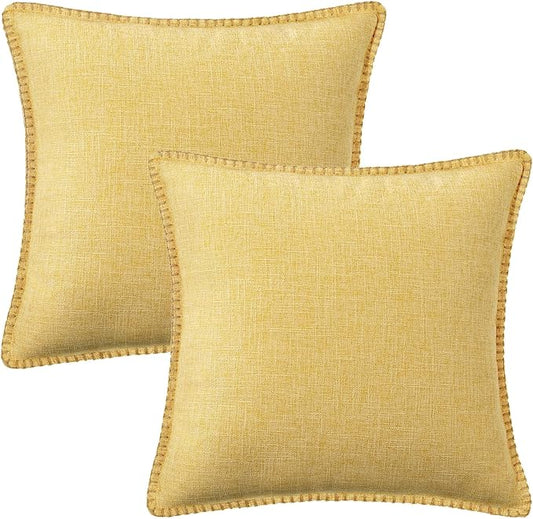 decorUhome Decorative Outdoor Throw Pillow Covers 22x22 Set of 2, Square Linen Rustic Neutral Farmhouse Euro Pillow Covers with Stitched Edge for Couch, Sofa, Living Room, Mustard Yellow