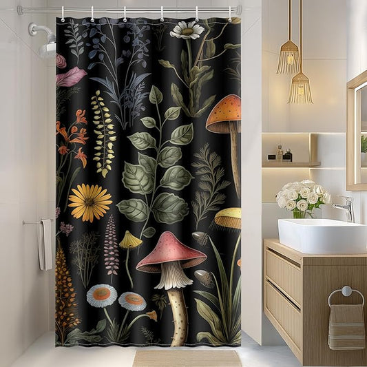 Aimego Stall Small Shower Curtain - Boho Mushroom Floral Vintage Plants Flowers Botanical Nature Narrow Half Fabric Cloth Bath Shower Curtain Set with 12 Hooks Bathroom Decor, 36"x72"