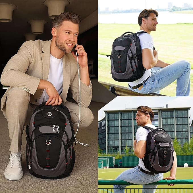 Swissdigital Design Laptop Backpack with USB Charging Port, Travel Backpack Fits 15.6 inches Computer, 31L College School Backpack for Men, Black/Grey | SD803