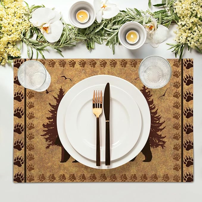 Giwawa 12"x18" Rustic Bear Placemats Set of 4 Vintage Cabin Lodge Wildlife Forest Animal Place Mat Heat Stain Resistant Linen Table Mats for Kitchen Dining Tabletop Farmhouse Picnic Decor