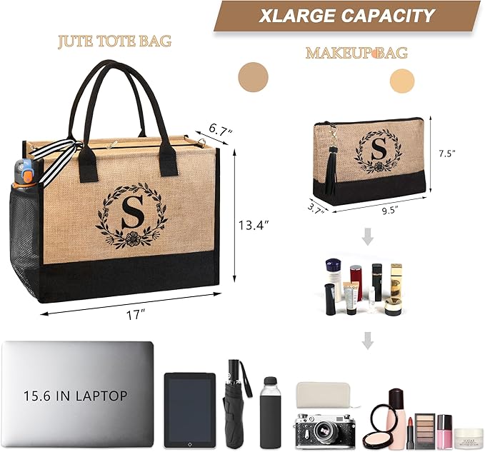 BeeGreen Embroidery Monogram Initial Tote Bag for Women Teacher Mom Friend Personalized Gift for Birthday Beach Work Wedding