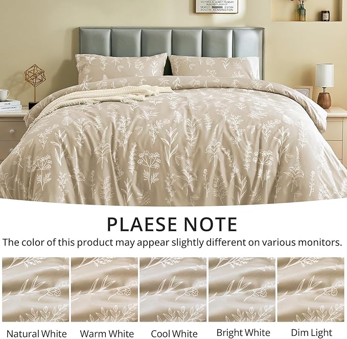 MUXHOMO Duvet Cover King Size, Reversible Floral Beige Duvet Cover Set with Zipper Closure, 3 Pieces Botanical Patterns Soft Microfiber Bedding Set (90"x104", 2 Pillow Cases 20"×36")