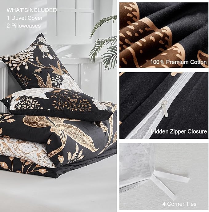 mixinni Floral Duvet Cover Queen Size, 3 Pieces White Flowers and Gold Leaves Printed on Black Bedding Set, Soft Premium Cotton Reversible Elegant Floral Duvet Cover Set for All Season-Queen Size