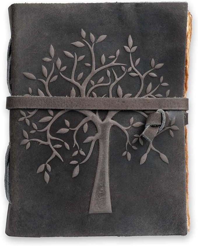 LEATHER VILLAGE Tree of Life Journal - 13 X 8 inches - Black - 200 Antique Deckle Edge Handmade Paper – Book of Shadows - Vintage Leather Bound Journal for Women & Men