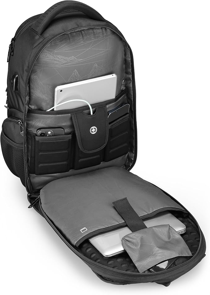 Swissdigital Design TSA Business Laptop Backpack for Men, Large Capacity Travel Backpack with Apple Find My Network and USB Charging Port Tech Backpacks Fits 17 Inch Computer Black| SD1643FB-01
