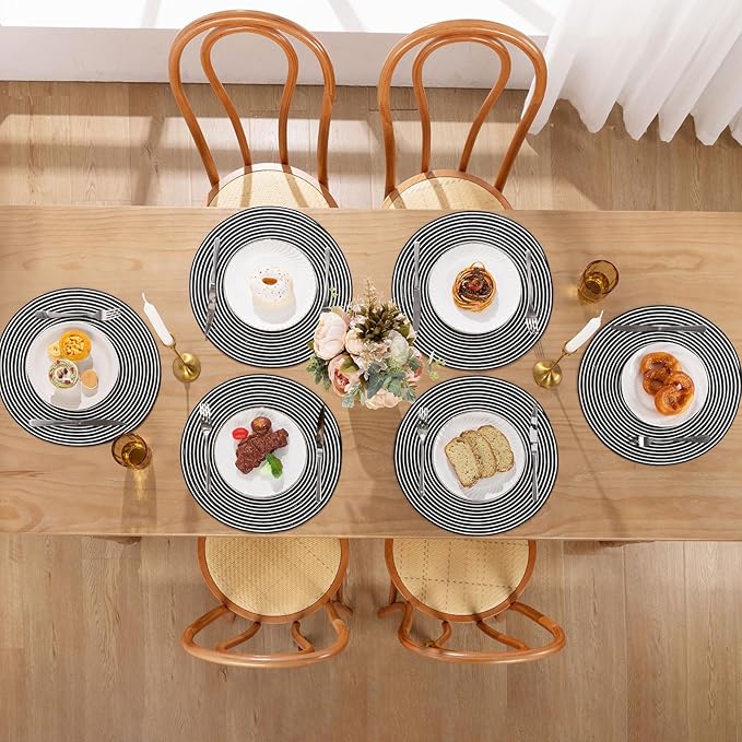 SHACOS 15 inch Round Braided Placemats Set of 6 Non Slip Washable Fabric Kitchen Table Place Mats Heat Resistant Table Mats for Home Wedding Party, Black White