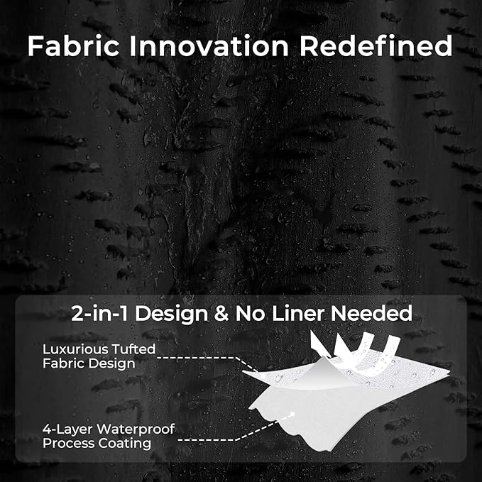 Extra Long Black Boho Shower Curtain 84 Inch Black Tufted Chevron Striped Fabric Shower Curtains for Bathroom Modern Shabby Chic Waterproof Cloth Shower Curtain Set with Hooks