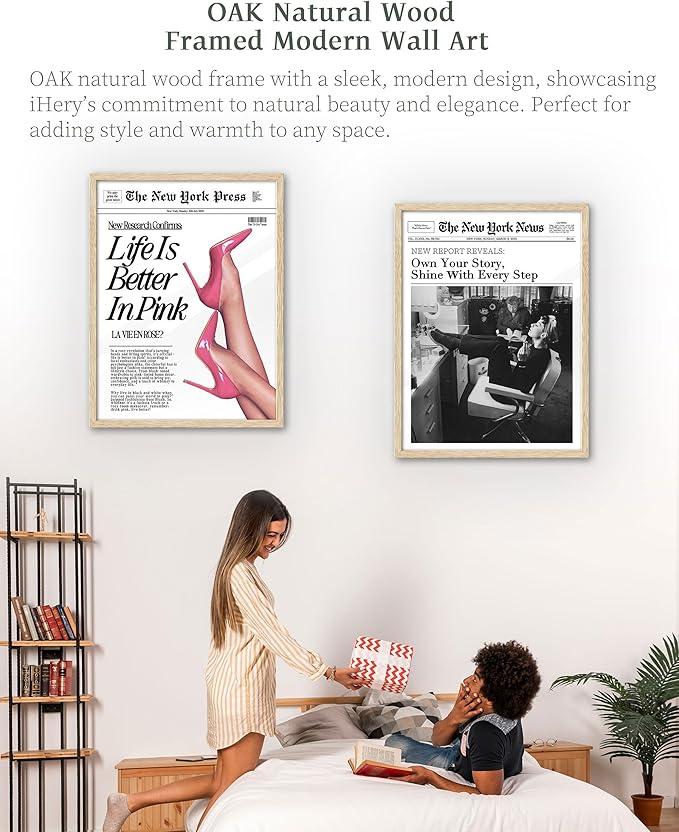 iHery Natural OAK Wood Audrey Hepburn Framed Wall Art, 12x16 in Own Your Story Shine With Every Step Canvas Wall Decor, Modern Trendy Newspaper Bedroom Decor, Set of 1 For Bathroom Living Room
