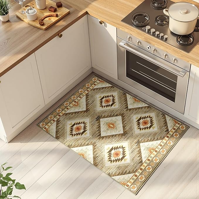 Area Rug 2x3 Rug Machine Washable Non-Slip Low Pile Print Pattern Western Rug for Living Room Bedroom Entryway Tribal Series -Cream/Camel