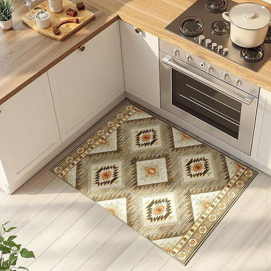 Area Rug 2x3 Rug Machine Washable Non-Slip Low Pile Print Pattern Western Rug for Living Room Bedroom Entryway Tribal Series -Cream/Camel