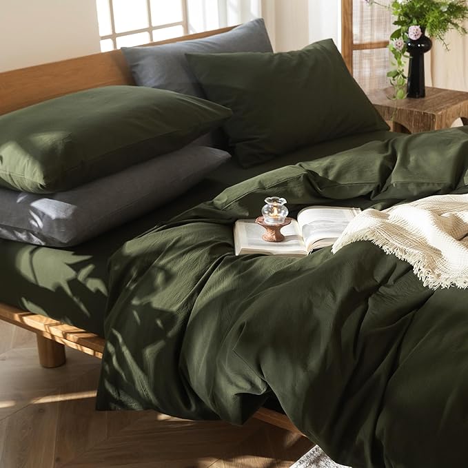 MooMee Bedding Duvet Cover Set 100% Washed Cotton Linen Like Textured Breathable Durable Soft Comfy (Solid Olive Green, Full 80"x90")