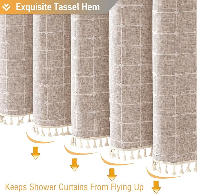 BTTN Boho Farmhouse Shower Curtain, Linen Rustic Heavy Duty Fabric Shower Curtain Set with Tassel, Water Repellent, Bohemian French Country Textured Thick Shower Curtain for Bathroom, Tan/Taupe, 72x72