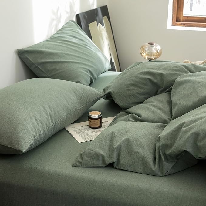 FOSSA Duvet Cover Set 100% Washed Cotton Linen Feel Super Soft Breathable Cozy Simple Style 3 Pieces Bedding Sets Solid Heathered Green Super Queen