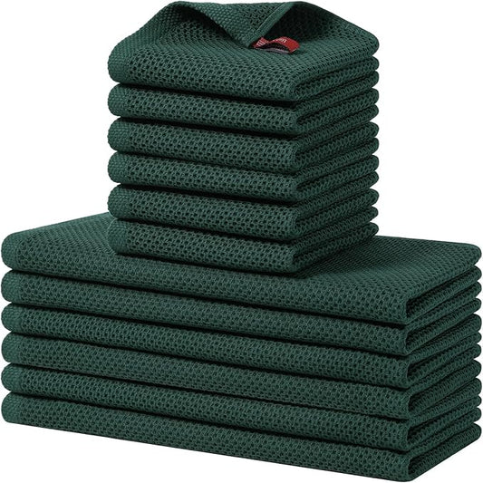 Homaxy 100% Cotton Kitchen Towels and Dishcloths Set, 12 x 12 Inches and 13 x 28 Inches, Set of 12 Bulk Kitchen Towels Set, Ultra Soft Absorbent Dish Cloths for Washing Dishes, Blackish Green