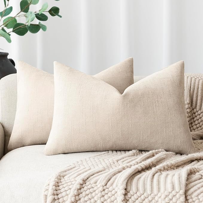 Foindtower Pack of 2 Soft Textured Throw Decorative Pillow Covers Lumbar Accent Solid Cushion Cover Cozy Neutral Farmhouse Pillow Case for Couch Sofa Bedroom Living Room 12x24 Inch, Light Beige