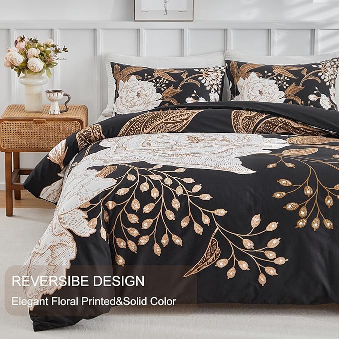 mixinni Black Floral Duvet Cover Full Size, 3 Pieces Garden Style Botanical Flowers Leaves Bedding Set, Soft Cotton Reversible Farmhouse Boho Duvet Cover and 2 Pillowcases for All Season-Full Size