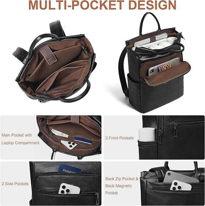 Leather Laptop Backpack for Women, Travel Backpack Purse Fits 15.6 Inch Laptop, Casual Daypack with Laptop Compartment for Teachers College Work Business Nurse Weekender, Black