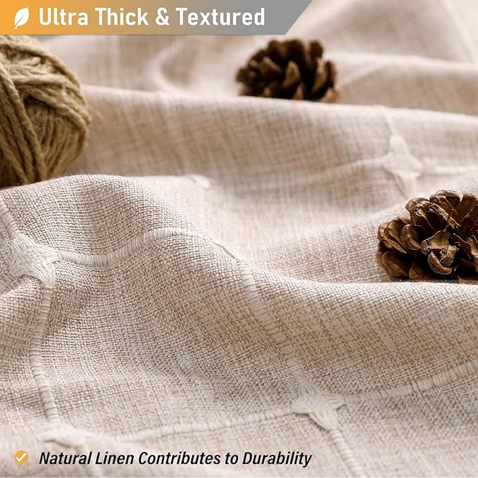 BTTN Extra Long Shower Curtain - 72x84 Inch Long Boho Linen Thick Fabric Shower Curtain Set with Plastic Hooks, Tall Farmhouse French Country Chic Macrame Cloth Shower Curtains for Bathroom, Tan/Taupe