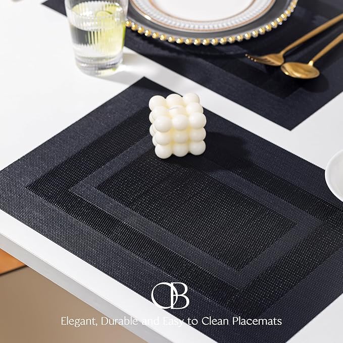 Placemats Set of 6 - Easy Clean Woven Vinyl Placemats for Dining Table, Indoor/Outdoor Place Mats, Washable PVC Table Mats（Black Cube）