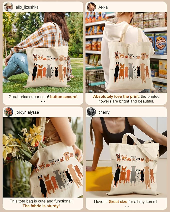 Canvas Tote Bag for Women – Aesthetic Canvas Bag with Zipper Cute Stylish Reusable Shoulder Totes for Shopping Work Daily Vacation, Multi Puppies
