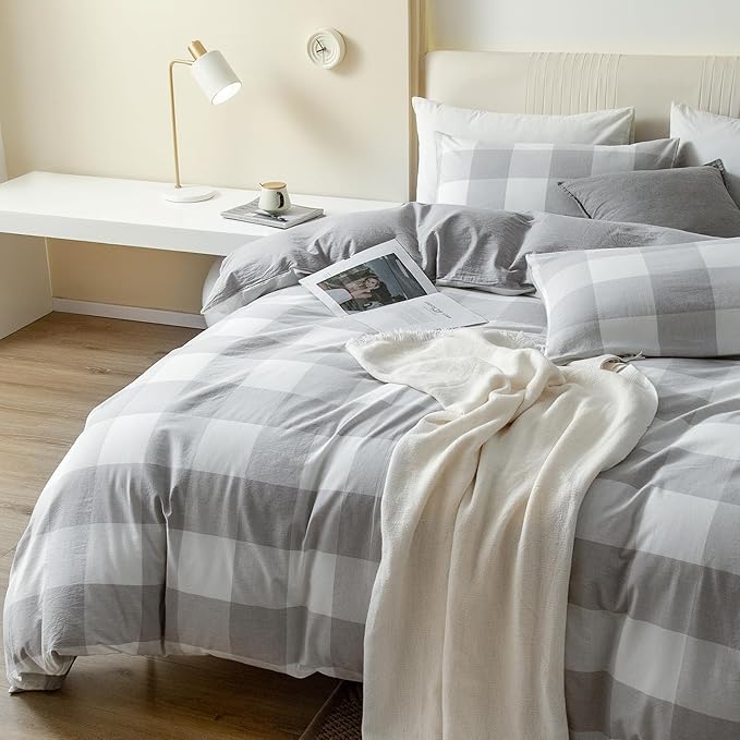 JIYUAN 100% Washed Cotton Duvet Cover Set 3 Pieces King, 1 Duvet Cover 104x90 Inches(Comforter Not Included) and 2 Pillowcases,Linen Feel Bedding Set Comfy and Breathable, Heathered Plaid Grey