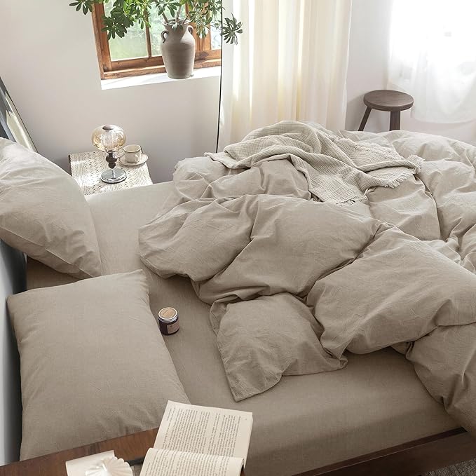 FOSSA Duvet Cover Set 100% Washed Cotton Linen Feel Super Soft Breathable Cozy 3 Pieces Bedding Sets Solid Tannish Linen Grey Oversized Queen