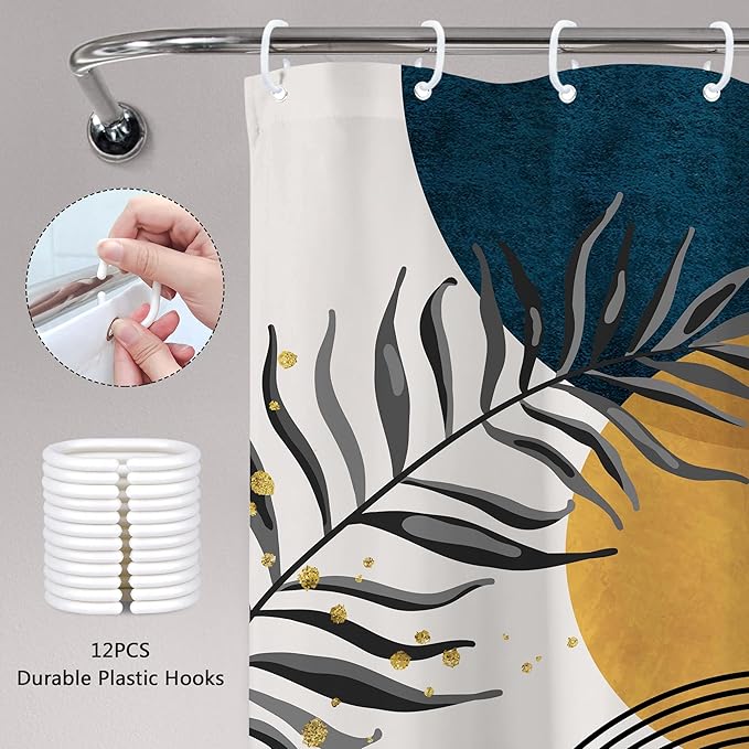 Navy Blue Boho Shower Curtain 60Wx72H Modern Bohemian Mid Century Abstract Gold Leaves Minimalist Geometric Plant Bathroom Decor Neutral Botanical Bath Curtain Fabric Polyester 12 Pack Hooks