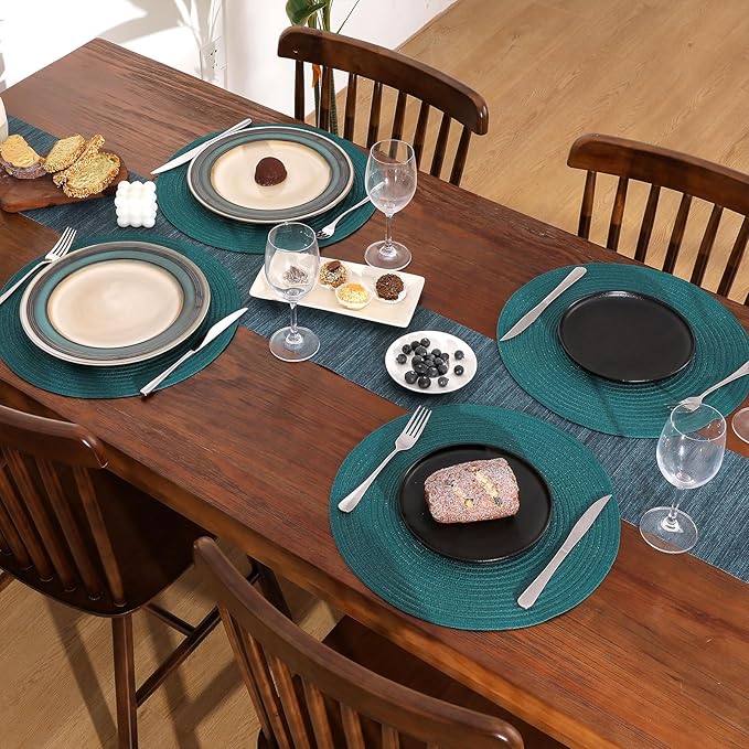 SHACOS Round Placemats Set of 6 Washable 15 inch Round Table Mats Cotton Polyester Woven Braided Place Mats for Dining Table, Teal Green