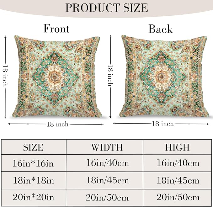Boho Floral Throw Pillow Covers 18x18 inch Set of 2,Green Boho Rug Geometric Floral Pattern Decor Double Sided Pattern Cushion Cover Soft Pillow Case Living Sofa Room Bed Square Pillow Cover