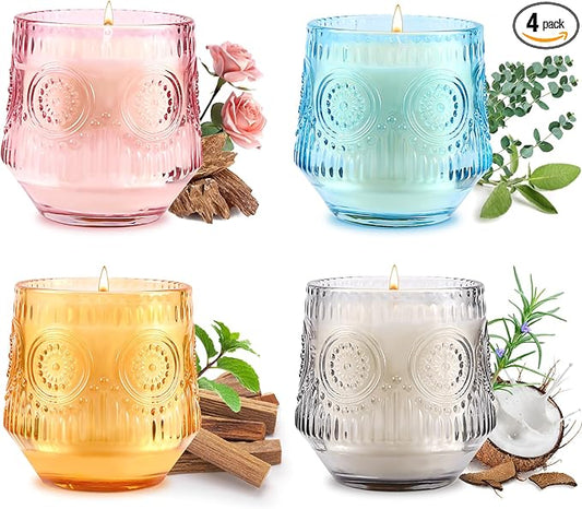 4 Pack Luxury Scented Candles Gift Set - 7oz Soy Wax Candles in Glass Jars, Gifts for Women - Vanilla Coconut, Eucalyptus Sage, Rose Oud, Sandalwood Patchouli
