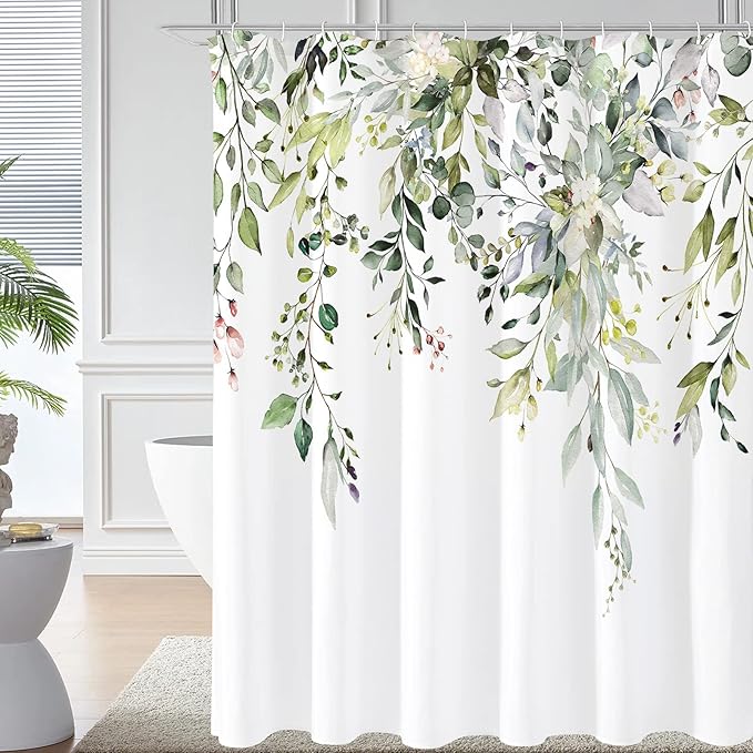 Gibelle Long Shower Curtain 72 x 78, Tall Sage Green Floral Fabric Shower Curtain, Watercolor Plant Eucalyptus Leaves Bathroom Curtains Shower Set with Hooks