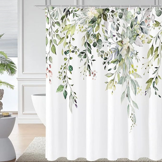 Gibelle Extra Long Shower Curtain 72 x 84, Tall Sage Green Floral Fabric Shower Curtain, Watercolor Plant Eucalyptus Leaves Bathroom Curtains Shower Set with Hooks