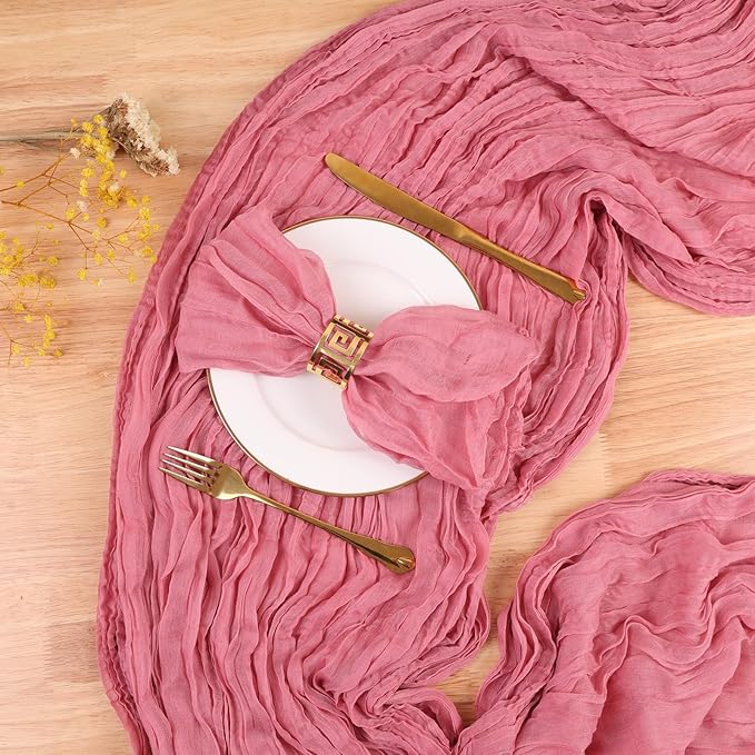 Crinkle Dusty Rose Cheesecloth Table Runner 13.3FT Long Boho Table Runner Rustic Gauze Wedding Dining Table Decorations for Holiday Birthday Party Baby Shower Event Decorations