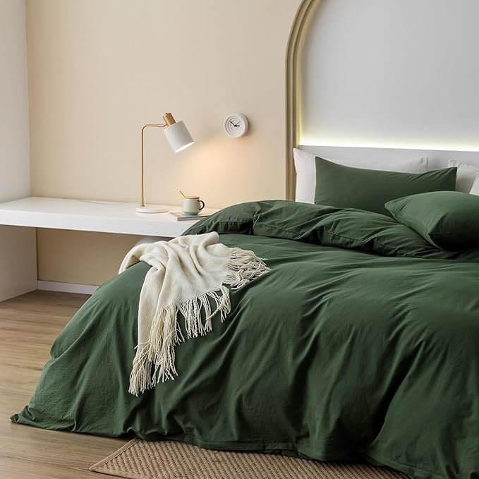 JIYUAN 100% Washed Cotton Duvet Cover Set 3 Pieces Queen, 1 Duvet Cover 90x90 Inches(Comforter Not Included) and 2 Pillowcases,Linen Feel Bedding Set Comfy and Breathable,Forest Green