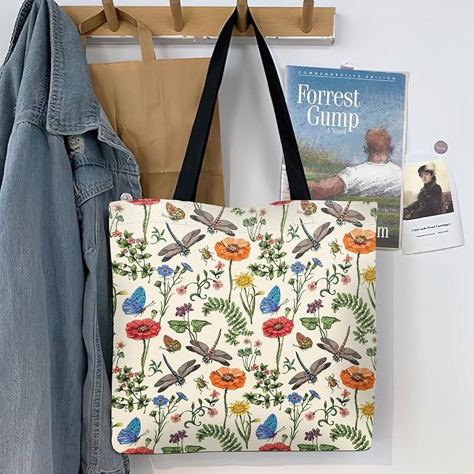 Canvas Tote Bag for Women，Cute Heavy-Duty Shoulder Bag with Zipper Pocket -Travel Tote for Grocery, Gym,Shopping