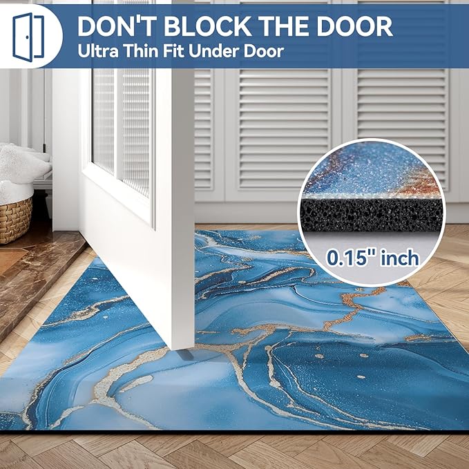 Non Slip Bath Mat Ultra Thin Bathroom Rug Fit Under Door, Rubber Backing Quick Dry Super Absorbent Washable Shower Bath Mats Blue 16x24
