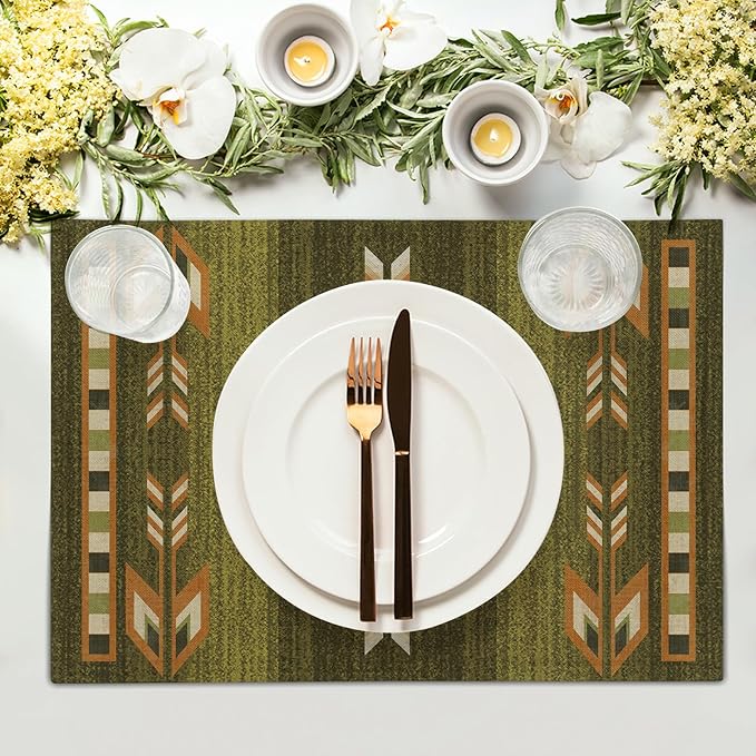 Giwawa Southwestern Placemats Set of 4 Rustic Green Tribal Geometric Decorative Table Mat Antique Native American Heat Resistant Washable Place Mats 12x18Inch for Dining Kitchen Farmhouse Decor