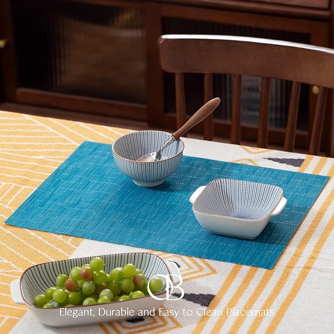 Placemats Set of 6 - Easy Clean Woven Vinyl Placemats for Dining Table, Indoor/Outdoor Place Mats, Washable PVC Table Mats（Teal Blue）