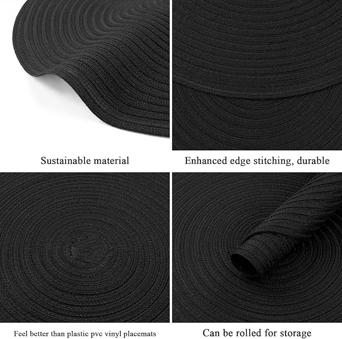 SHACOS Round Braided Placemats Set of 6 Cotton Polyester Heavy Duty 15 inch Round Table Mats Washable Heat Resistant Place Mats (Black, 6)