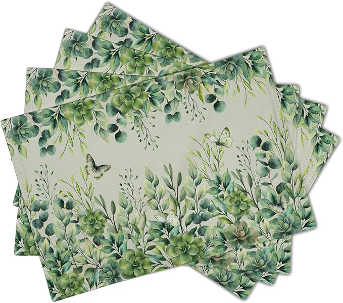 Giwawa 4PCs Spring Summer Leaf Placemats 12x18 Inch Sage Green Eucalyptus Leaves Butterflies Linen Washable Place Mat Stain Resistant Table Mats for Kitchen Dining Seasonal Decor