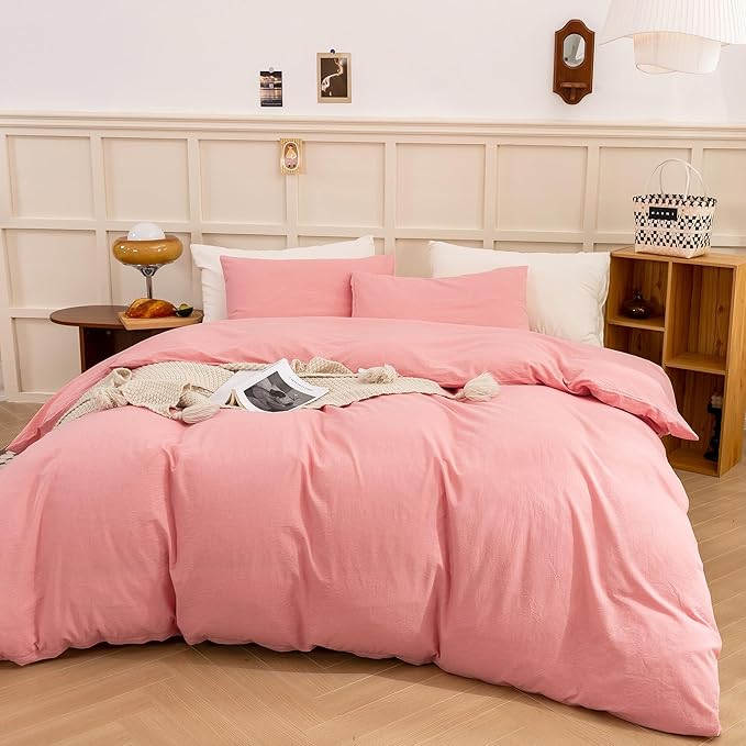 ECOCOTT Pink Duvet Cover King Size - Linen Feel Textured Organic Natural 100% Washed Cotton, Soft Breathable 3 Pieces Bedding Set with Zipper Closure