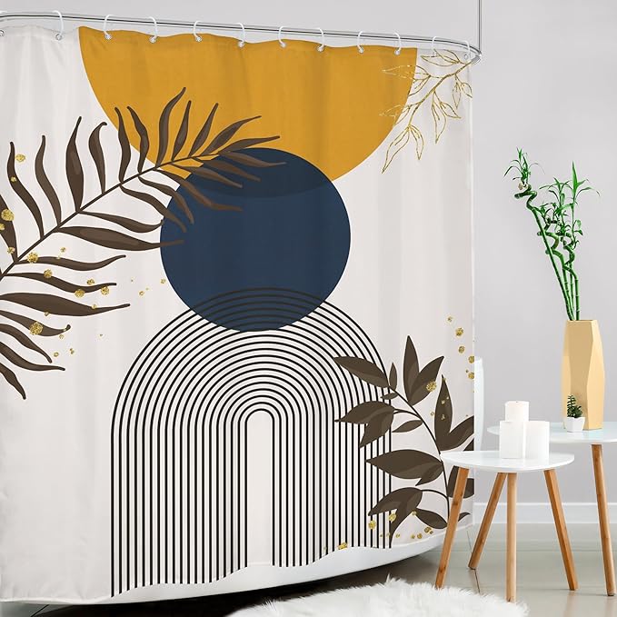 Navy Blue Yellow Boho Shower Curtain Modern Mid Century Abstract Gold Leaves Minimalist Vintage Plant Sun Bathroom Decor Geometric Arch 60Wx72H Bath Curtain Fabric Polyester 12 Pack Hooks
