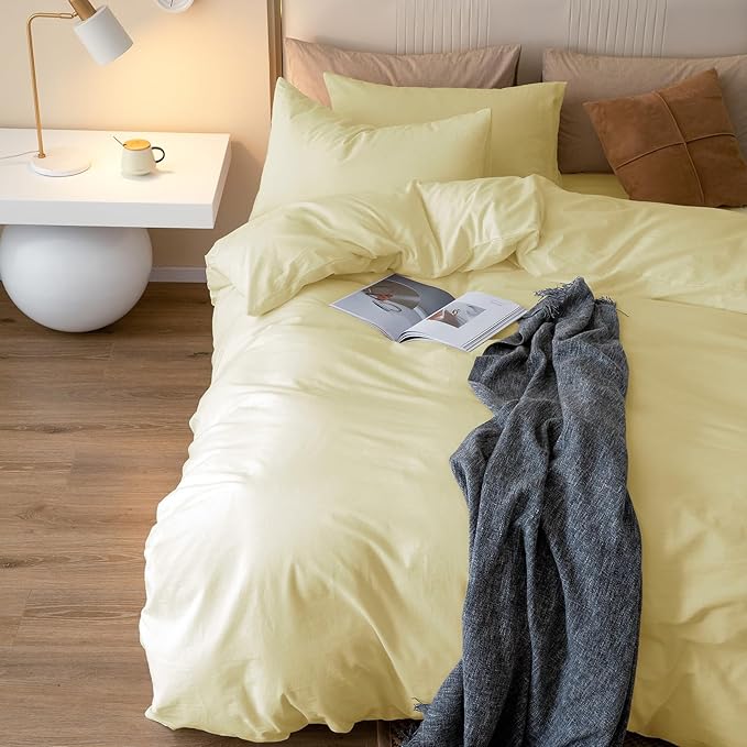 JIYUAN 100% Washed Cotton Duvet Cover Set 2 Pieces Twin, 1 Duvet Cover 68x90 Inches(Comforter Not Included) and 1 Pillowcases,Linen Feel Bedding Set Comfy and Breathable,Light Yellow