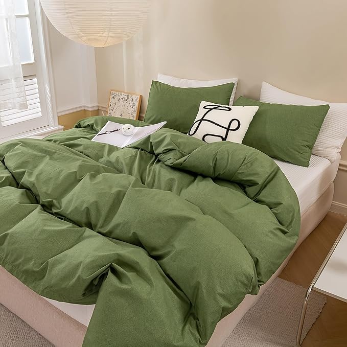 ECOCOTT Olive Green Duvet Cover Queen Size - 100% Washed Cotton Durable Soft Comfy Duvet Cover Set, 3 Pieces Duvet Cover with Zipper Closure (Green, 90''x90'')