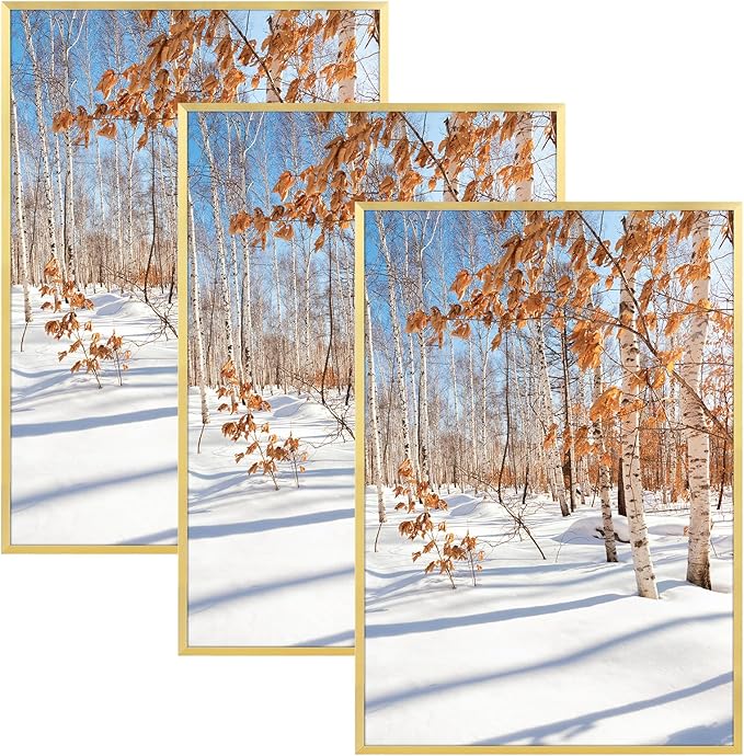 Golden State Art, 16x24 Aluminum Picture Frame, Gold Metal Thin Poster Frames for 16 x 24 inch Photo, Acrylic Front, Wall Hook for Horizontal or Vertical Display, 3 Pack