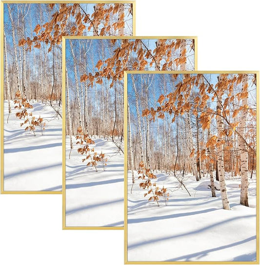 Golden State Art, 16x24 Aluminum Picture Frame, Gold Metal Thin Poster Frames for 16 x 24 inch Photo, Acrylic Front, Wall Hook for Horizontal or Vertical Display, 3 Pack