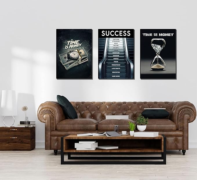 3Pcs Framed Time Is Money Canvas Wall Art Office Wall Decor Inspirational Quotes Pictures Paintings Path to Success Posters Prints of man cave Living Room Bedroom Office Decor Ready to Hang