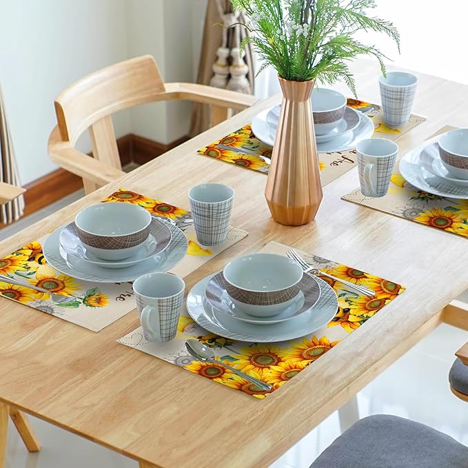 Giwawa Bee Gnomes Placemats Set of 4, 12x18 Inch Vintage Summer Sunflowers Linen Place Mat, Sunshine Floral Heat Resistant Washable Table Mats Kitchen Dining Seasonal Farmhouse Decor