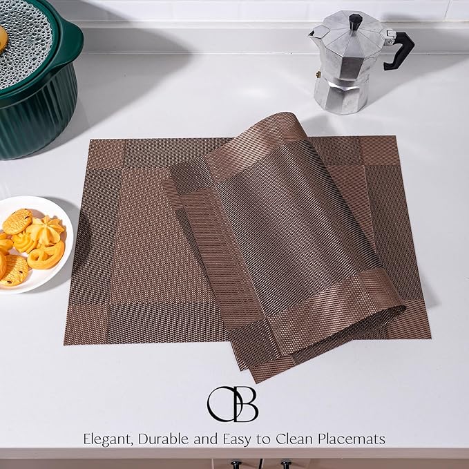 Placemats Set of 4 - Easy Clean Woven Vinyl Placemats for Dining Table, Indoor/Outdoor Place Mats, Washable PVC Table Mats（Brown Cube）